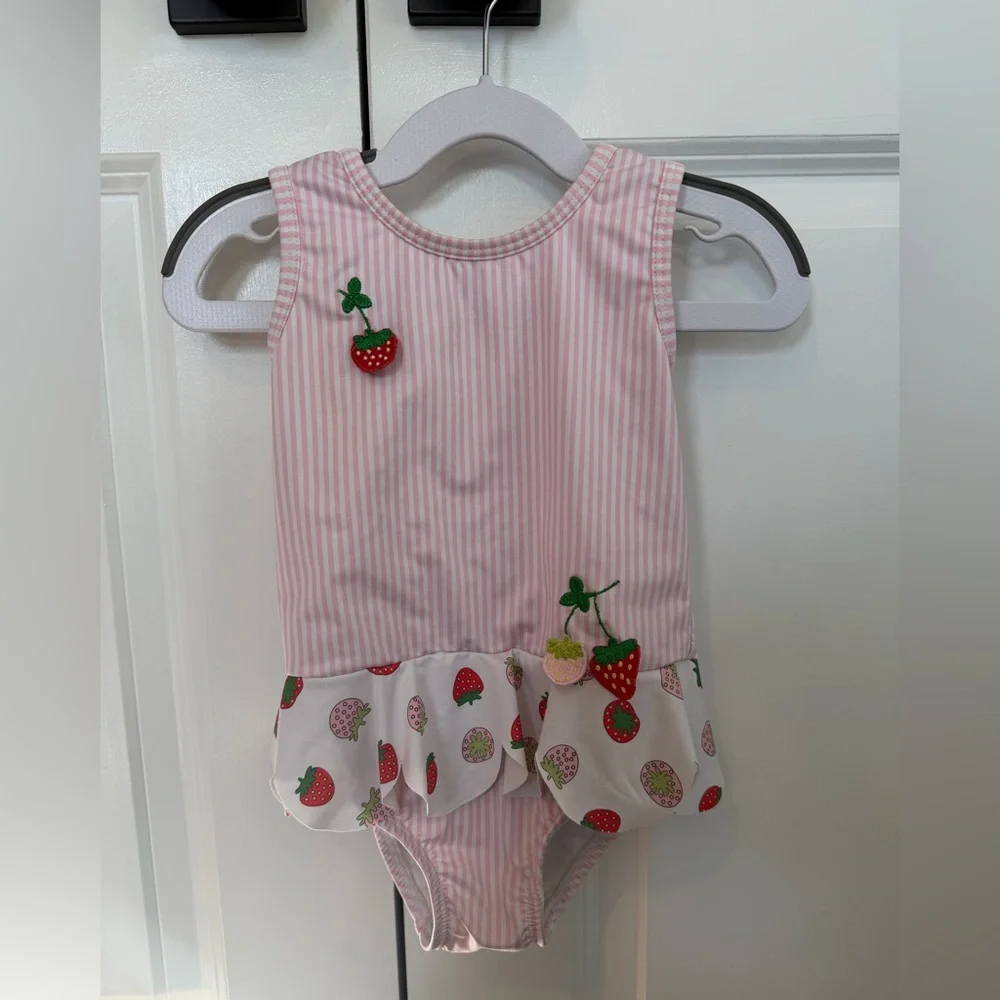 Bella Bliss Girls Strawberry Pink Seersucker Swimsuit Size 3